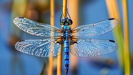A vibrant blue dragonfly with transparent wings perched on a slender reed against a backdrop of blurred reeds and a blue pond.