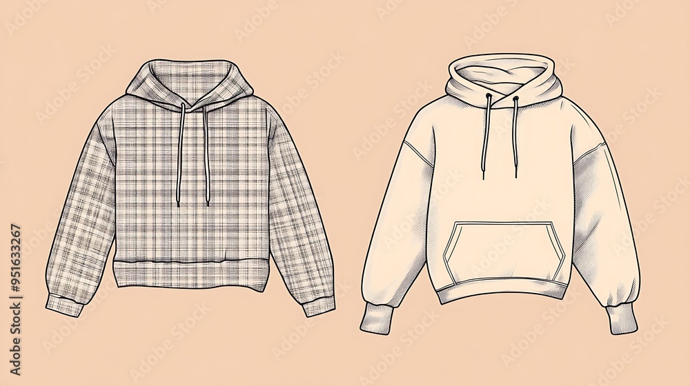 Aufkleber minimalistic vector illustration of checkered shirts and hoodie on soft brown background in line art