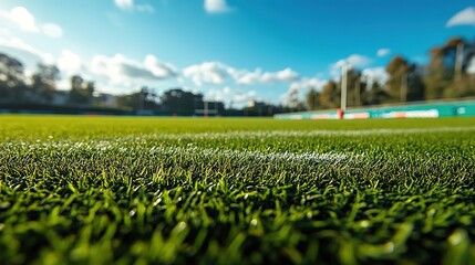 Rugby Field Viewed from Ground Level, Featuring a Dramatic Wide-Angle Perspective with Sharp Focus on Green Grass Blades in the Foreground. The Goalposts and Field Lines Extend into the Distance, 