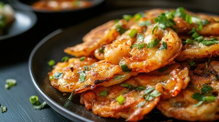 Plate of crispy Korean seafood pancakes, close-up, with text background on regional variations