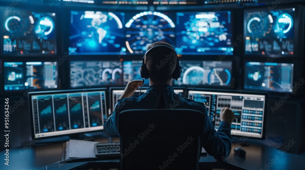 Leinwandbilder a man is sitting in front of a computer monitor with a headset on