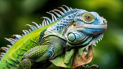 Fototapeta premium A vibrant green and blue iguana with a spiky crest and a keen gaze.