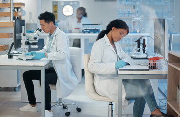 Science, team and tech in lab for healthcare, vaccine development and bacteria analysis. Man, woman...