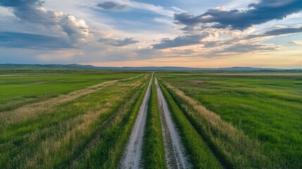 Fototapeta premium green grass outdoor field landscape with roadway