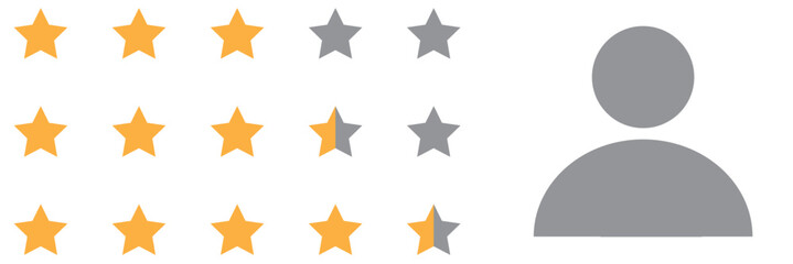 Five stars customer product rating system. Rating stars widget. Feedback or Rating. 5 star rating icons. Vector illustration isolated on white background.