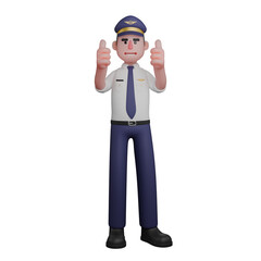 Male Pilot 3D Model. A pilot is standing with both thumbs raised upwards. Aviation Environment