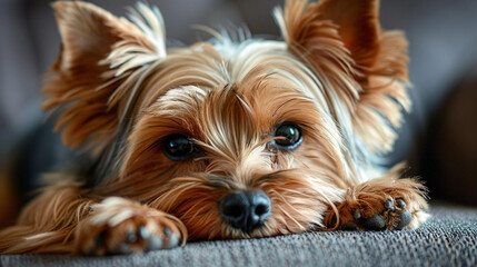 Naklejka premium A close-up of a Yorkie lying down with its head resting on its paws, looking relaxed and content.