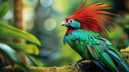 A vibrant green and red bird with a distinctive red crest perches on a branch in a lush tropical forest.