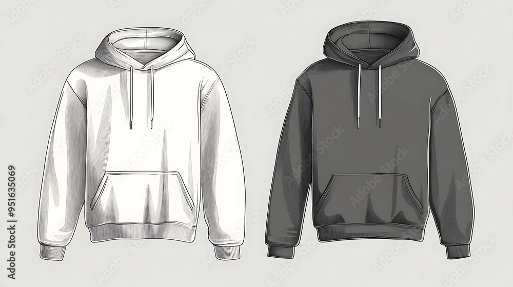 Aufkleber modern minimalistic line art drawing of charcoal gray sweaters and white hoodie on pale gray backgro