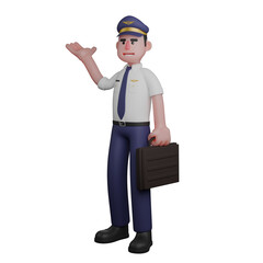 Illustration of a Professional Pilot. A pilot is standing with his left hand carrying a black bag while his right hand is raised upwards. 3D Male