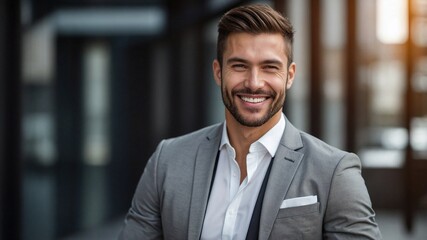 Fototapeta premium 自信に満ちた笑顔でフォーマルウェアを着こなすハンサムなビジネスマンの魅力