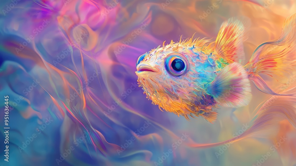 Poster floating puffer fish in an abstract, fluid background with vibrant colors and organic shapes, creati