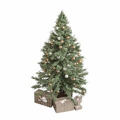Christmas tree with decorations, isolated on white background, 3D illustration, cg render