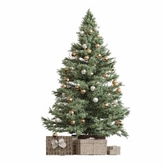 Christmas tree with decorations, isolated on white background, 3D illustration, cg render