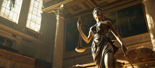 A Statue of Lady of Justice standing in the middle of a courtroom, court hearing, power balance, professional photography