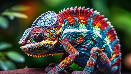 Obraz premium A vibrant, colorful chameleon perched on a branch in a lush green environment, showcasing its unique camouflage abilities.