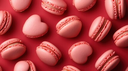 Fototapeta premium French sweet Strawberry Pink heart macaroons isolated on red background. Pastry shop card with copy spacefrench macaroons,Paris Pastry,bakery and branding valentine couple concept,copy space.