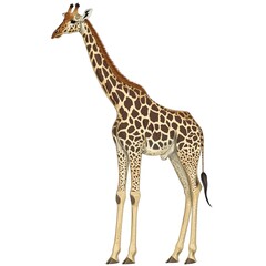 Fototapeta premium Tall Giraffe with a Long Neck and Distinctive Spots All Over, Showcasing the Graceful and Unique Features of This Majestic Animal. Ideal for Wildlife Depictions and Nature Illustrations.