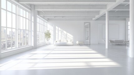 Obraz premium Minimalist white loft interior with large windows, concrete beams, and city views.