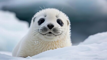 A white baby seal pup with dark eyes and whiskers, lying on a snow-covered surface, looking at the camera with a curious expression.