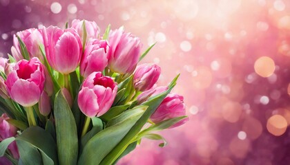 Obraz premium bouquet of pink tulips on a blurred pink background