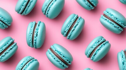 French sweet blue macaroons on color background,French macaron cookies baked pattern,french macaroons,Paris Pastry,bakery and branding concept,Delicious french desserts,copy space.