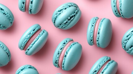 French sweet blue macaroons on color background,French macaron cookies baked pattern,french macaroons,Paris Pastry,bakery and branding concept,Delicious french desserts,copy space.