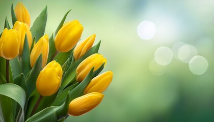 Obraz premium bouquet of yellow tulips on a blurred green background