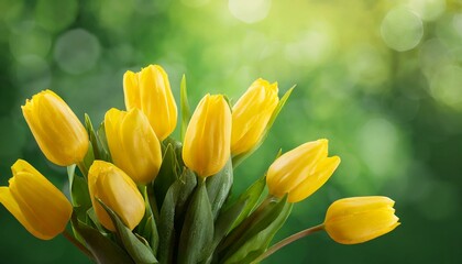 Obraz premium bouquet of yellow tulips on a blurred green background