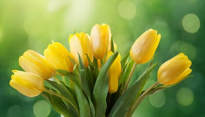 Fototapeta premium bouquet of yellow tulips on a blurred green background