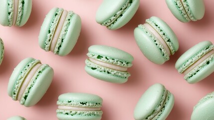 Fototapeta premium Mint macaroons in a row on pink background,french macaroons,Paris Pastry macaron green tea,Pastry shop card with copy space,french macaroons,bakery and branding concept,copy space.