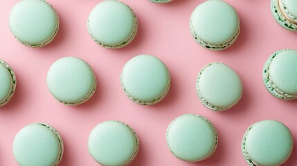 Fototapeta premium Mint macaroons in a row on pink background,french macaroons,Paris Pastry macaron green tea,Pastry shop card with copy space,french macaroons,bakery and branding concept,copy space.