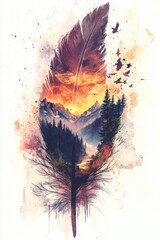 Mountain Landscape Within a Feather - A beautiful illustration of a mountain landscape nestled within a feather, blending nature and artistry in a vibrant, surreal style.