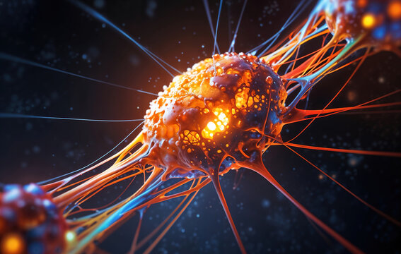 A glowing, connected neuron like cell, made of red and blue colored material