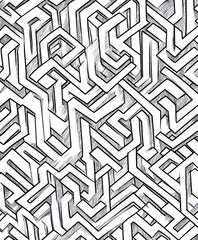 A complex, abstract maze design featuring intricate, interwoven lines.