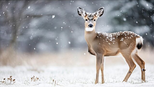 A young deer stands in a snowy field, looking directly at the camera with a serene expression.  The snowflakes gently fall around the deer, creating a peaceful winter scene.