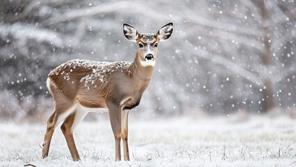 Obraz premium A young white-tailed deer stands in a snowy field, looking directly at the camera. Snow falls around the deer, creating a wintery scene.