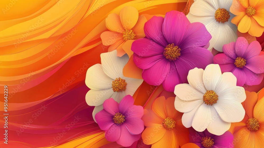 Poster abstract vector design with beautiful, colorful flowers, arranged in a dynamic pattern, creating a v