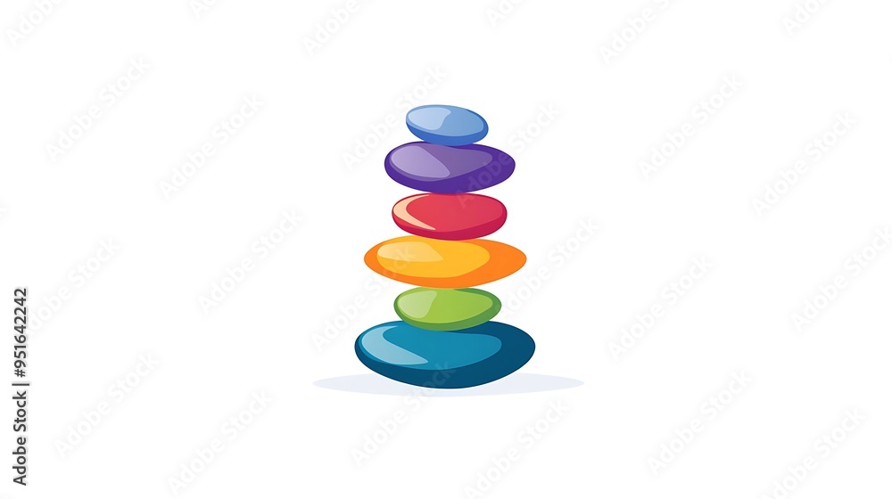 Poster minimalist seven colored pebbles stacked logo design with drop shadow effect in clipart style on whi