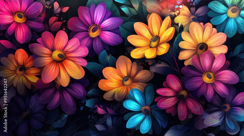 Poster abstract vector design with beautiful, colorful flowers, arranged in a dynamic pattern, creating a v