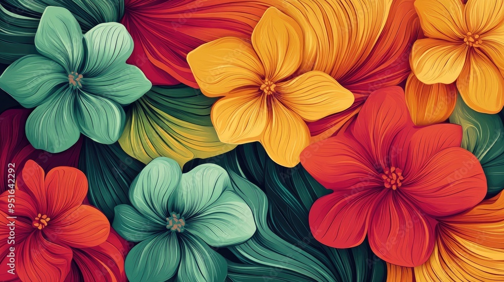 Poster abstract vector design with beautiful, colorful flowers, arranged in a dynamic pattern, creating a v
