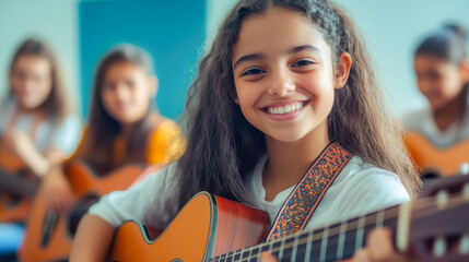 Smiling girls playing guitar, learning musical instrument together generated by AI
