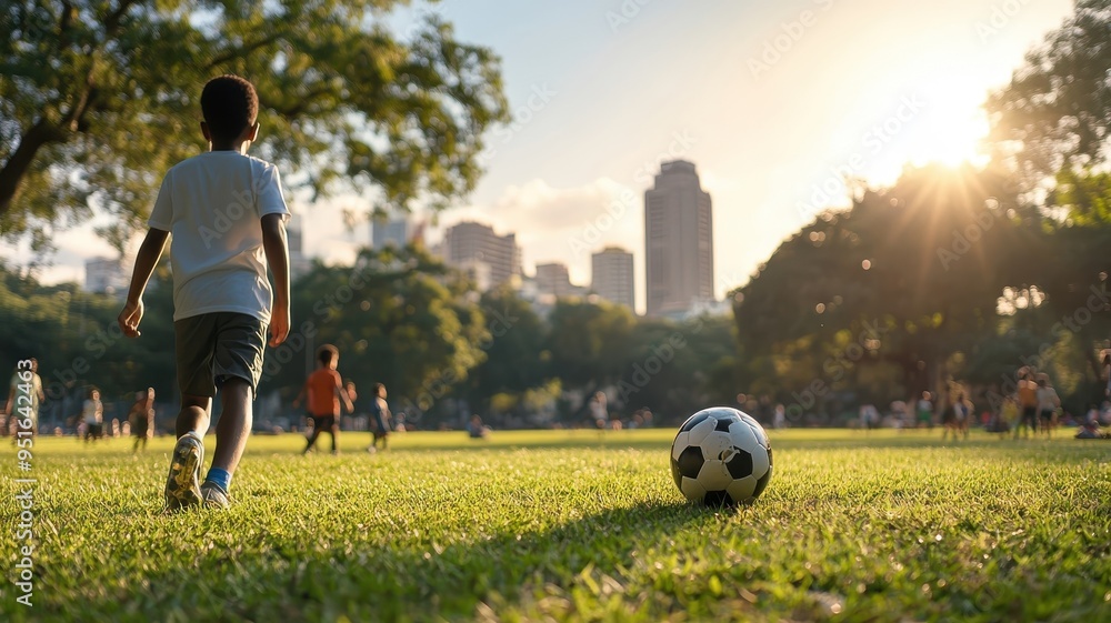 Wall mural african men playing soccer on a grassy field in a bustling park, surrounded by trees and families.