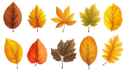 illustration, autumn leaves isolated on transparent background. Tree leaves of different shapes and colors, autumn design element for poster, postcard, children’s book or school education theme
