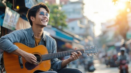 Asian men playing guitars in a bustling street market, their music adding vibrancy to the lively atmosphere.