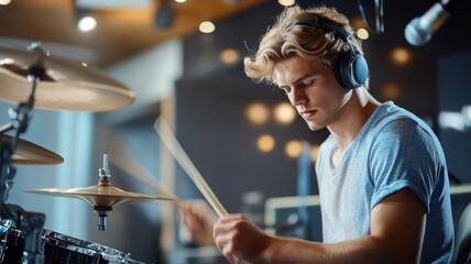 Naklejka premium Blonde man drumming with precision in a studio, the rhythm intense and focused.