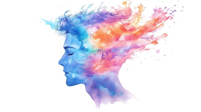 recommend clip art: Serene Watercolor Silhouette of Man with Pastel Waterfall Hair | Profile Head Clipart Illustration on White Background