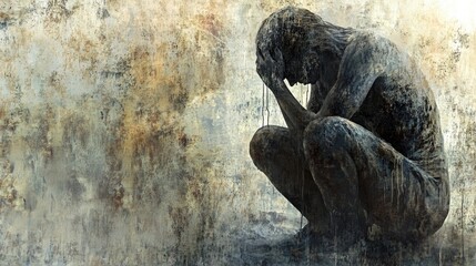Fototapeta premium Abstract representation of a homeless figure, capturing the essence of poverty and hope, with a naturistic background symbolizing renewal