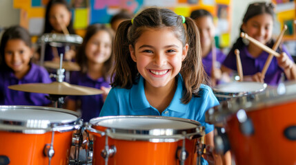 Adorable toddler with a bright smile playing a red drum set, holding drumsticks in a music classroom, embodying the joy of early childhood music education. Happy Toddler Playing Drums in Music Class
