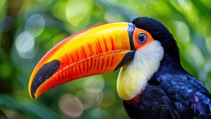 Fototapeta premium Close-up portrait of a toucan with its large, colorful beak against a blurred green background.